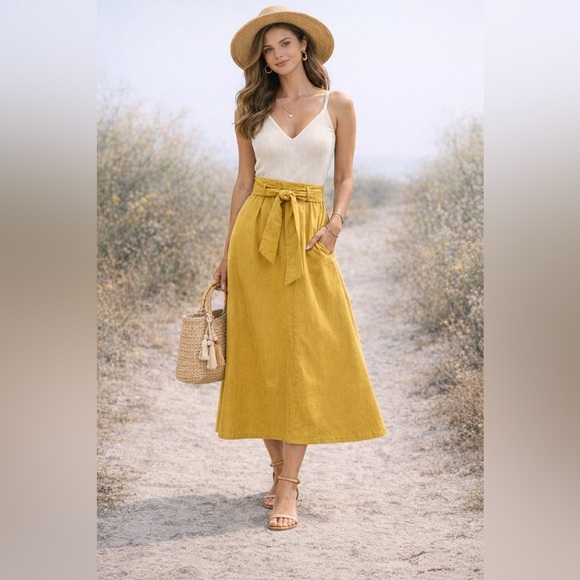 23X Vingt-Trois Arrondissements Dresses & Skirts - Mustard Yellow Belted Midi Skirt High Waist A Line Boho Size 6 23X